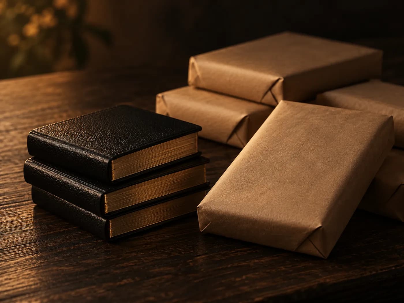 Three small leather pocket Bibles beside parcels wrapped in plain brown paper on a wooden table