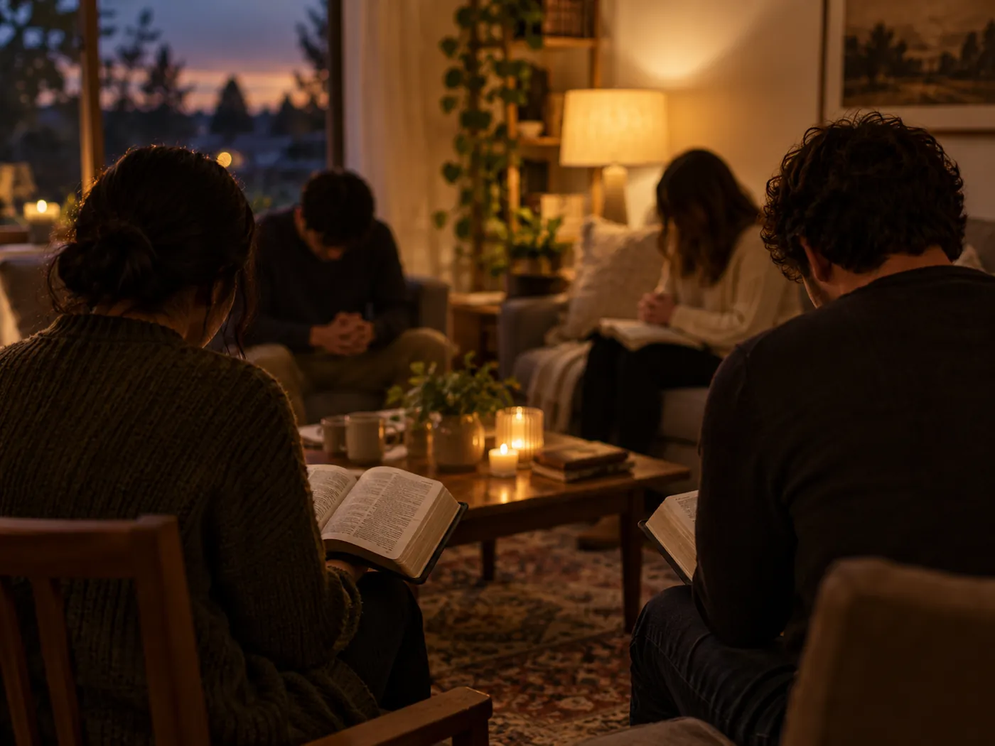 A small group praying and reading Bibles by candlelight in a living room, seen from behind with heads bowed