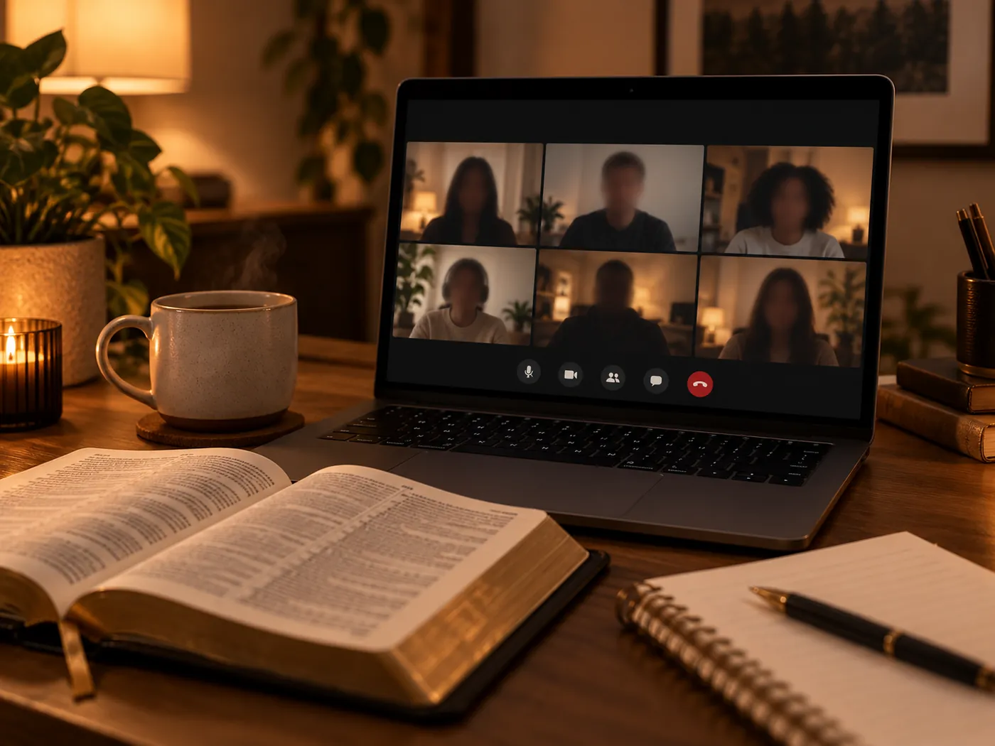 A laptop showing an online video call with six people, faces blurred, beside an open Bible, a notebook and a cup of tea